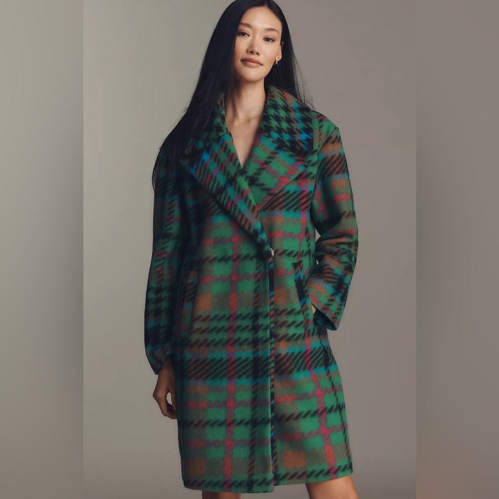 Anthropologie NVLT Plaid Wool Blend Mid-Length Coat Sz S NWT Apple Green